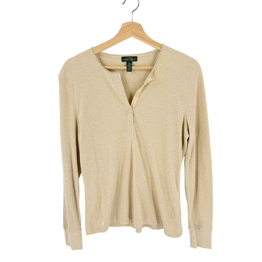 Lauren Ralph Lauren Henley Top Beige XL Waffle Knit Long Sleeve Basic Layering